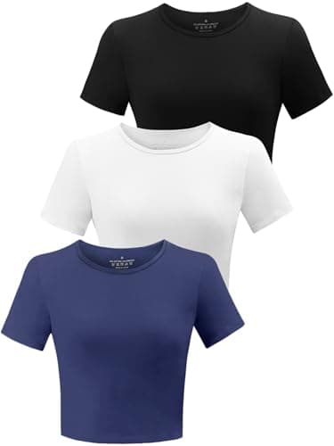 Image of BryticFlow 3 Pack Workout Crop Tops for Women Cotton T-Shirts Short Sleeve Cropped Fitted Tops Basic Cute Tees Casual Crew Neck Summer Tshirts Yoga Gym Clothes Black/White/Navy M