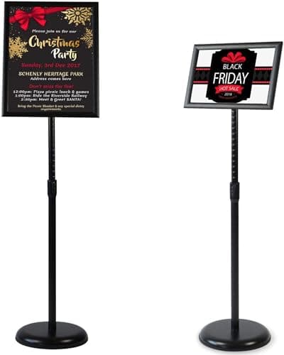 Image of VAIIGO A4 Sign Stand Adjustable Aluminum Poster Display Stand Snap Frame Menu Floor Standing Replaceable Advertisement Rack with Stable Round Base (Black)