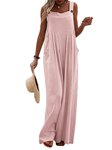 Image of YILEEGOO Cotton Linen Dungarees for Women, Ladies Casual Overalls Baggy Wide Leg Pants Jumpsuit Playsuit (A-Pink, X-Large)