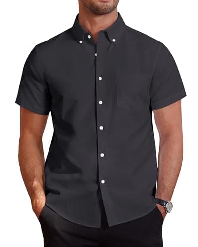 Image of J.VER Men's Black Short Sleeve Shirt Smart Casual Regular Fit Non Iron Cotton Shirt Button Down Oxford Business Work Office Summer Dress Shirts L
