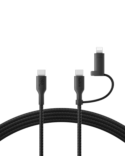 Image of Belkin 2-in-1 Charging Cable with USB-C & Lightning Connector - Braided Fast-Charging Cable, USB-C to USB-C & Lightning Charger Cord, Multi-Charging Combo for Apple iPhone, iPad, Samsung, More - Black