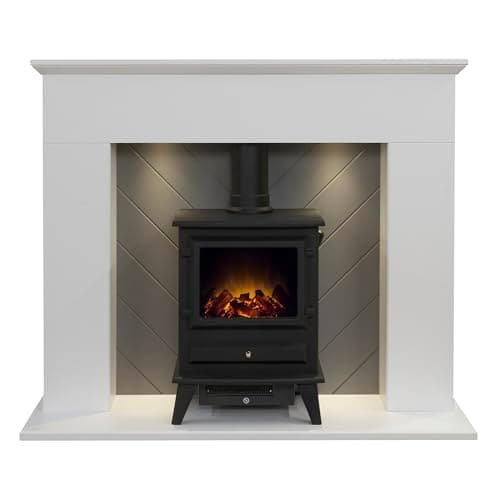 Image of Adam Corinth Stove Fireplace in Pure White & Grey with Downlights & Hudson Electric Stove in Black, 48 Inch