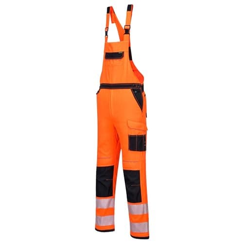 Image of Portwest PW344 Mens Hi Vis Bib and Brace Work Overalls Durable Texpel Stain Resistant Water Resistant Polycotton Dungarees Triple Stitch Multi Pockets Adjustable Certified Workwear, Orange/Black, XXL