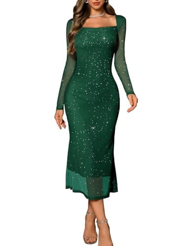 Image of DRESSTELLS Sequin Formal Dresses for Women UK, Sparkly Long Sleeve Wedding Guest Cocktail Party Evening Gown Prom Bodycon Mesh Dress DarkGreen L