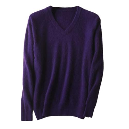 Image of Men's Solid V-Neck Cashmere Knitted Sweaters Winter Casual Long Sleeve Warm Jumper Pullovers Purple L