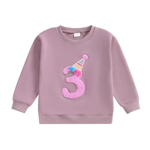Image of Siyova Toddler Baby Girls Birthday Outfits Long Sleeve Crewneck Letter Embroidery Sweatshirts Jumper Pullover Tops Birthday Gift for Kid Girls (Purple Three, 3-4 Years)