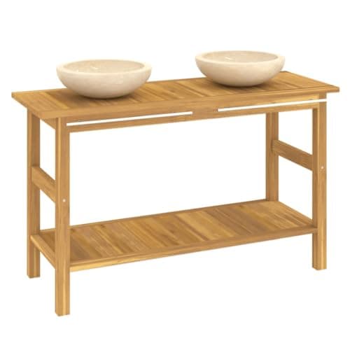 Image of vidaXL Solid Wood Teak Bathroom Vanity Cabinet with Cream Marble Sinks Washroom Furniture Wash Basin Wooden Sink Cabinet with Basket