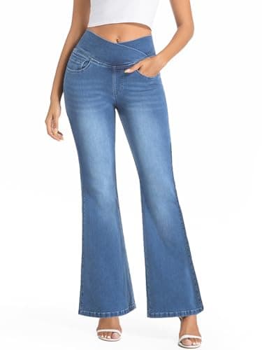 Image of VX VONXURY Pull On Flare Jeans for Women, High Waisted Stretchy Tummy Control Bootcut Pants Crossover V-Waist Denim Bell Bottom Skinny Jeggings for Work Yoga Daily Medium Blue