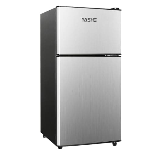 Image of YASHE 86 Litre Mini Fridge with Freezer - Small Fridge, Under Counter Fridge, Double Door Refrigerator with 7 Settings Adjustable Thermostat, for Apartment, Bedroom, Dorm, RVs and Office, Silver