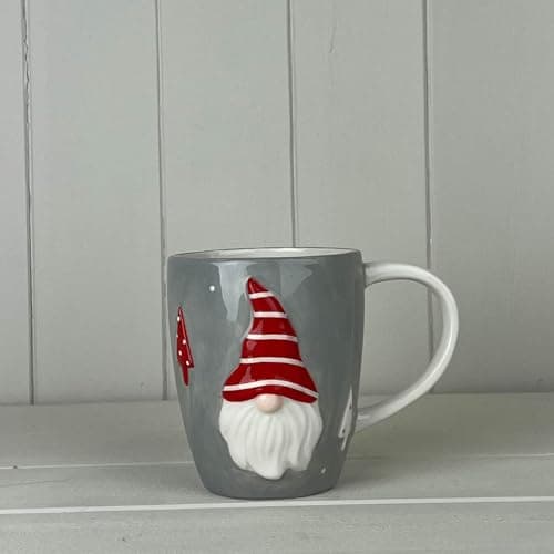 Image of Fyne-Finds Grey Ceramic Gonk Mug Christmas Nordic Gnome Coffee Cup Red Hat Festive Holiday Kitchen Tableware (1)