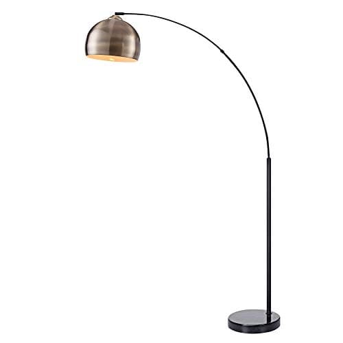 Image of Teamson Home Arquer 173cm Arc Floor Lamp for Living Rooms, Home Offices, Dining Rooms, Bedrooms with Faux Black Marble Base and Antique Brass Bell Shade