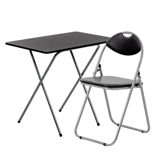 Image of Harbour Housewares Wooden Folding Desk & Chair Set - Silver/Black Small Portable Home Office Wooden Top Foldable Desk and Folding Chair Set Workstation for PC, Laptop Study