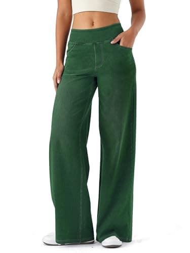 Image of LaiEr Large Denim Wide Leg Pants for Women,High Waisted and Slimming with Multiple Pockets,Straight Tube,Loose fit,Cat Whisker,Marbling wash Craft,High Elasticity Casual Jeans(Green,S)
