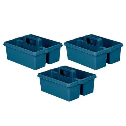 Image of 3 X Heavy Duty Large Plastic Handy Kitchen Tool Cleaning Tool Box with Handle Utility Storage Tidy Organiser Tote Tray Two Compartment Cleaners Carry Caddy Multipurpose Cleaning Tools - Navy Blue