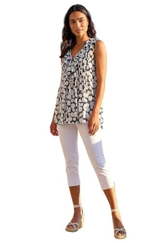 Image of Roman Women Frill Front Vest Top Ladies Ruffle Blouse Summer Spring Special Occasion Evening Holiday Cruise Cocktail Party Short Long Sleeve Sleeveless V-Neck - Black White - Size 16