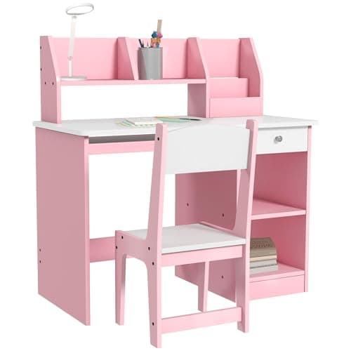 Image of ZONEKIZ Kids Desk and Chair Set with Storage, for Ages 5-8 Years, 2 Piece Children Table and Chair Set with Keyboard Drawer, Pink