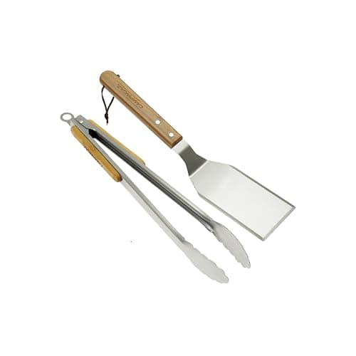 Image of Campingaz BBQ Tool Set Tongs & Spatula | Barbecue Cooking Grilling Utensils | Stainless Steel and Solid Bamboo Wood | Ideal for seafood, meat, fish and vegetables | 2 Pieces