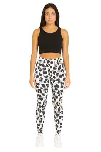 Image of Missloved Ladies Printed Stretch Leggings - Regular Waist Elasticated Fit - Animal, Marble, Flames & Swirl Designs - Soft Comfortable Womens Leggings UK Sizes 8-26 (Black and White Leopard, 24-26)