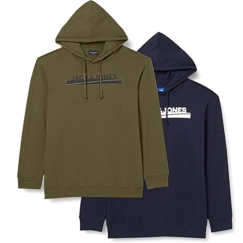 Image of JACK & JONES Mens Hoodie Pack of 2 Casual Pullover Hooded Sweatshirts with Front Logo Print Hoodie for Men UK, Navy Blazer Colour, Size- S