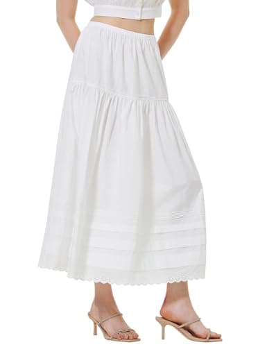 Image of BEAUTELICATE Women's White Tiered Maxi Skirt Cool Cotton Midi A-line Skirt Vintage Casual Boho Long Short Skirt with Lace Trim for Summer Hot Days Holidays(Off White-Maxi Style, S)
