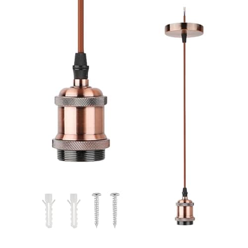 Image of JZ CTG Pendant Lights, Vintage Red Copper Pendant Light Fitting with E27 Lamp Holder and 1.1M Braided Flex Cable, Elegant Light Pendant Fitting for Home Decor