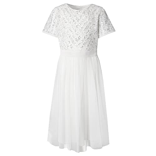 Image of Maya Deluxe Midi Girls Dress for Wedding with Sequin Embellishment Short Sleeve Prom Birthday Bridesmaid Ivory Size 9-10 Years