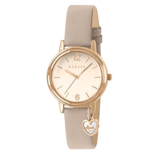 Image of RADLEY Rose Gold Plated Case Heart Charm Porcini Leather Strap Watch RY21922A