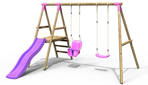 Image of Rebo® Odyssey Children's Wooden Swing Set with Platform and Slide - Odyssey Pink | OutdoorToys | Toddler Baby Seat, Strong and Sturdy Pressure Treated Timber