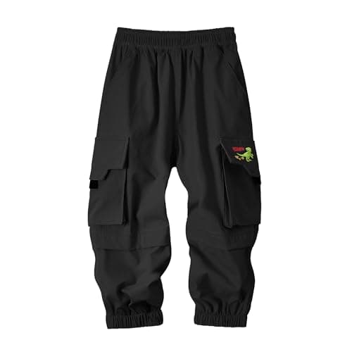 Image of Volunboy Toddler Boys Cargo Pants with Dino Embroidery - Quick-Dry Pull On Elastic Waist Joggers for Ages 2-6(Tag Size 120,4-5 Years,Black)