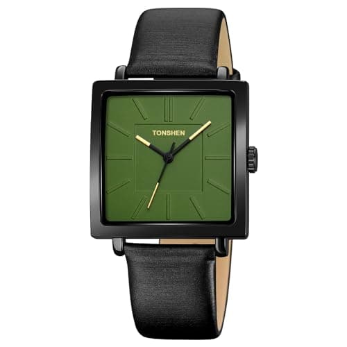 Image of TONSHEN Minimalism Style Unisex Analog Quartz Watch Stainless Steel Case and Leather Band Watches (Green)