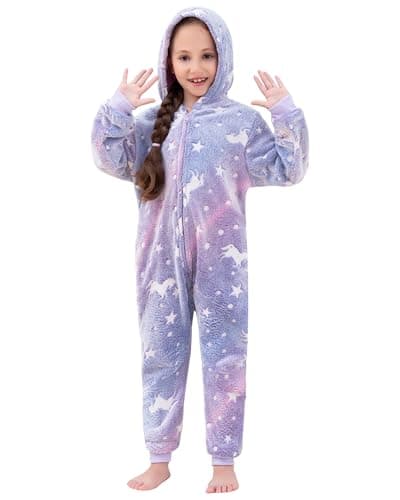Image of KAKU NANU Girls Onesie Kids Rainbow Unicorn Onesie Fluffy Fleece Jumpsuit Toddler Sleepsuit Unicorn Pink Purple Gifts for Girls Age 4 5 6 Years