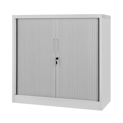 Image of POLLOR Tambour Storage Cabinet, Lockable Space Saving Steel Office Cupboard Rolling Sliding Door, 50kg Load Capacity Per Shelf (Grey, 90cm)