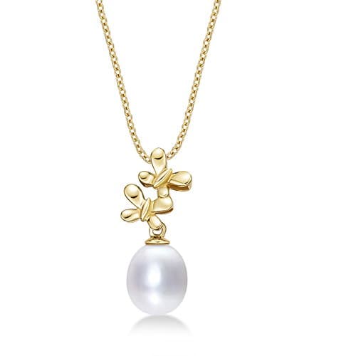 Image of Genuine Pearl Necklace with 8-8.5mm White Real Freshwater Pearl Drop Pendant. Gold 'Butterflies in Love' Necklace with Single Pearl Drop Pendant in Luxurious 9K Yellow Gold with 20 inch Gold Chain.