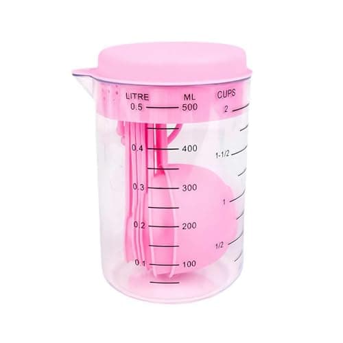Image of EIRZNGXQ Measuring Cups And Measuring Spoons Set, 7 Tablespoon Teaspoon Measuring Spoons And 1 Plastic Measuring Cup With Scale Scale Set For Kitchen (Pink 1pcs)