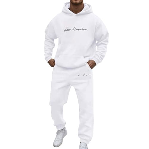 Image of Mens Athletic 2 Piece Tracksuit Set Fleece Ribbed Cuff Sweatshirts Cotton Blend Joggers Two Piece Sweatsuit Sportswear for Gym Running Exercise Fitness Holiday Clothing (White, M)