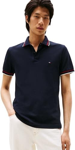 Image of Tommy Hilfiger Men’s Short Sleeve Cuff Interest Slim Fit Polo Shirt, Blue (Desert Sky), L