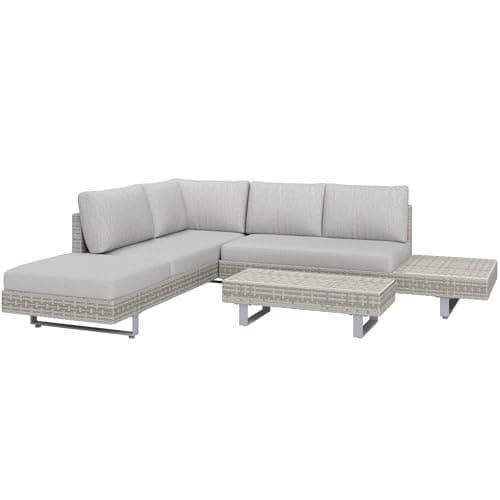 Image of Outsunny 3 Pieces Rattan Garden Furniture Set, Wicker Garden Sofa Set with 3-Seater Sofa, Loveseat, Coffee Table, Side Table & Cushions, 5-Seater Outdoor Furniture Set, Grey
