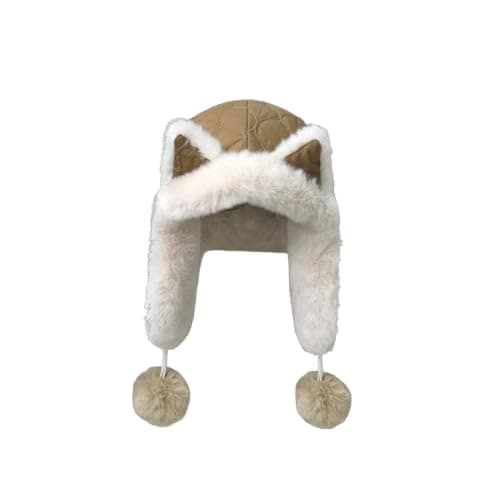 Image of NICEYEA Winter Fox Ears Beanie Hat Ear Flaps for Women Men Warm Fleece Lined Skull Caps Earmuff Snow Hats Windproof Trooper Trapper Hat Faux Fur Hunting Hats (UK, Alpha, One Size, Khaki)