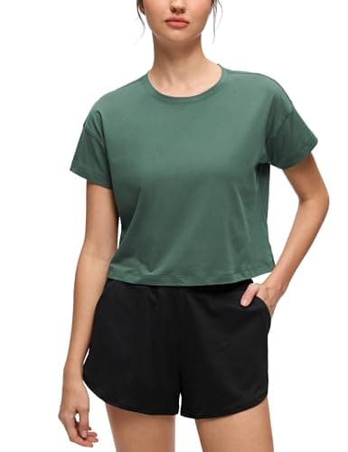 Image of CRZ YOGA Women's Short Sleeve Yoga T-Shirts Loose Fit Sports Fitness Crop Tops Workout Casual Cropped Shirt Graphite Green 12