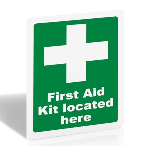 Image of First Aid Kit Located Here Sign 200mm x 150mm – Self-Adhesive Vinyl Safety Sticker for Indoor Outdoor Use, UV Matte Finish, BS 5499 Compliant Emergency Location Label