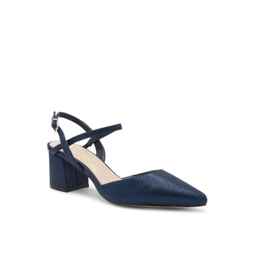 Image of Paradox London Kendra Court Shoes, Faux Leather, Block Heel, Ankle Strap, Pointed Toe, Casual (Navy, UK Footwear Size System, Adult, Women, Numeric, Medium, 9)