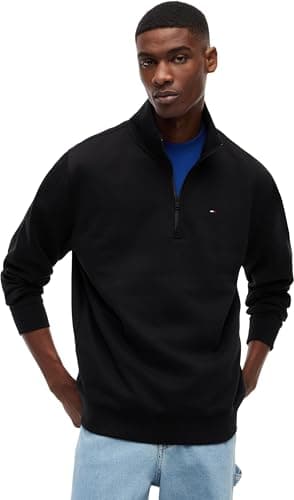 Image of Tommy Jeans Men's Tjm Reg Fleece 1/4Zip Mock Neck DM0DM20339 Half Zip Sweatshirt, BLACK (Black), M