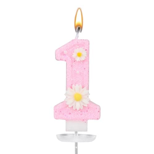 Image of Pink Number 1 Birthday Candle, Glitter Daisy Number Candle with Tray and Stick Cute Cake Toppers for Girls First Birthday Party Decoration
