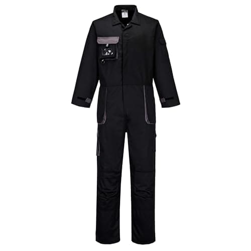 Image of Portwest TX15 Men's Texo Contrast Coveralls Durable Cotton Protective Work Overalls Workwear Knee Pad Pockets Two-Way Zip Elastic Waist Boiler Suit for Mechanics Warehouse Garages DIY, Black, M
