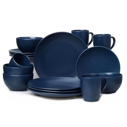 Image of HOMD 16-Pieces Stoneware Dinnerware Set, Dinner Set, Kitchen Dinnerware Ceramic Crockery Set, Dinner Service Set for 4, Include Dinner Plate, Dessert Plate, Cereal Bowl and Mug. (Navy Blue)