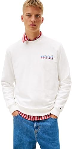 Image of Tommy Jeans Men's TJM Reg Entry DNA Play Crew Ext Dm0Dm22377 Pullover Sweatshirt, White (Ecru), XXL