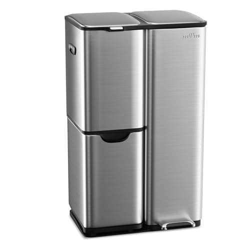 Image of mVm Kitchen Bin,60L Triple Rubbish Bin,3 Compartment Stainless Steel Pedal Bin,Recycling Bin with Soft-Close Lids and Plastic Inner Buckets,Fingerprint Proof,Odour Seal,Large Capacity Trash Can