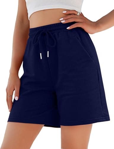 Image of Litherday Running Shorts Women Ladies Bermuda Loose High Waist Cotton Shorts with Pockets Knee Length for Running Fitness Gym Sweat Athletic Jogging Bottoms (Navy Blue, M)