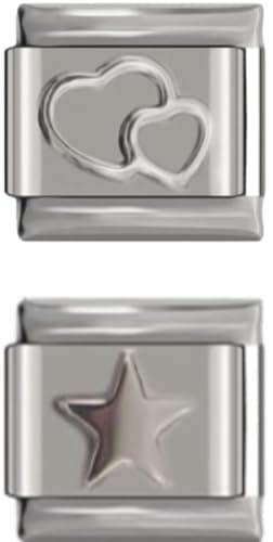 Image of No Brand Name Bundle Charms 2pcs Charm Links| 1 Silver Double Heart 1 Silver Star - fits all classic 9mm Italian Style Bracelet - UK stock