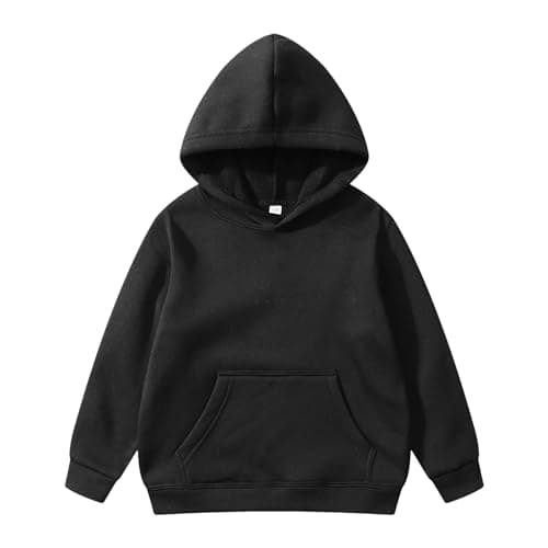 Image of Kids Hoodies Girls Solid Color Hoody Casual Pullover Tops Crew Neck Long Sleeve Comfy Sweatshirts with Pockets Unisex Classic Hooded Jumper Black